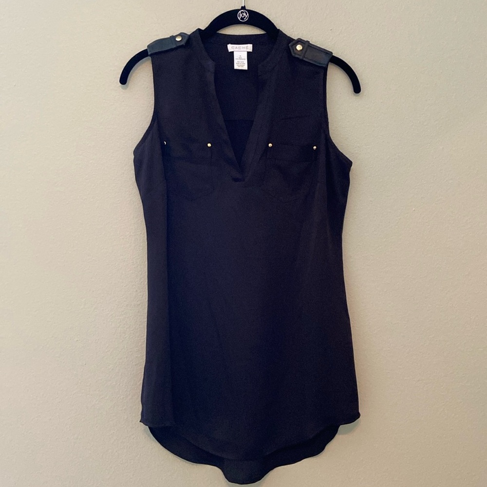 Cache Black Silky Faux Leather Epaulets Sleeveless Tank w/ V Neck & Pockets